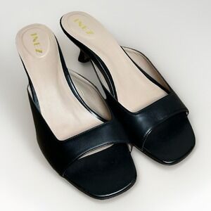 Inez Luna Black Leather Square Open Toe Kitten Heel Mules 10 Classic Feminine